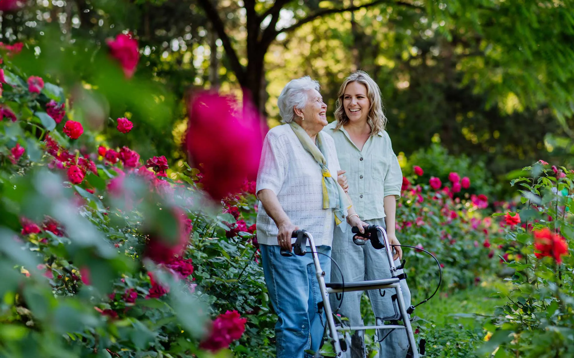 Older woman with a walker walking with a younger woman in a rose garden