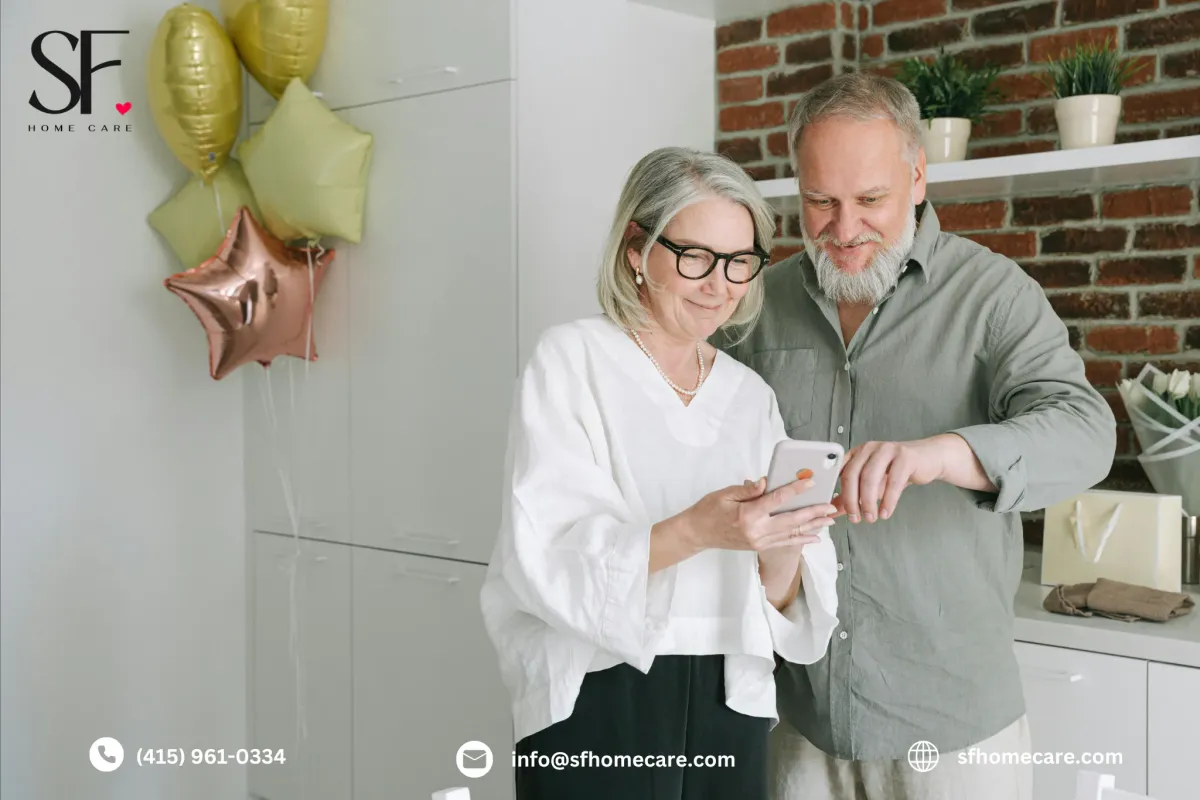 Smiling senior woman enjoying a group social media with his wife to boost emotional well-being.