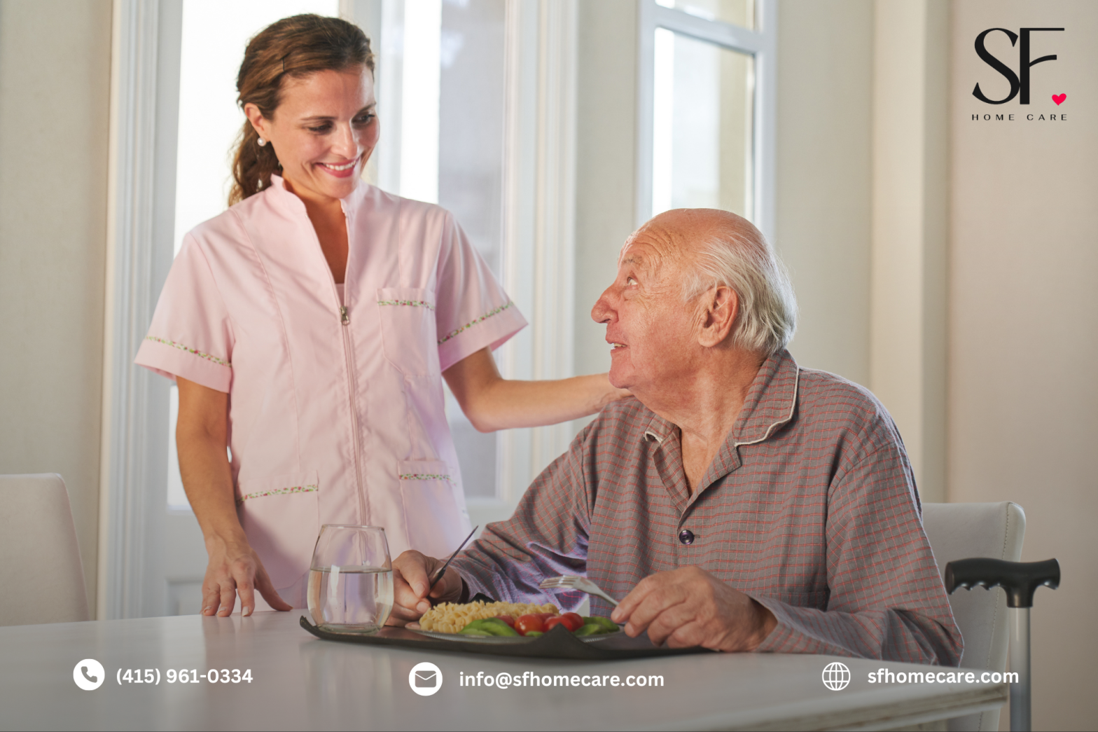 Healthy senior enjoying a balanced meal, representing personalized nutrition support from SF Home Care.
