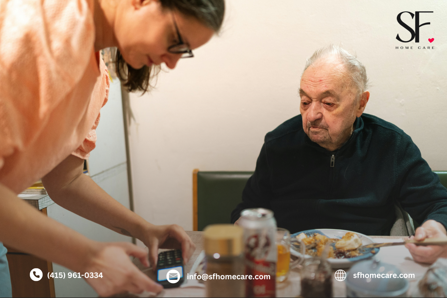 Daughter providing care for senior father at home with balance and self-care in focus.