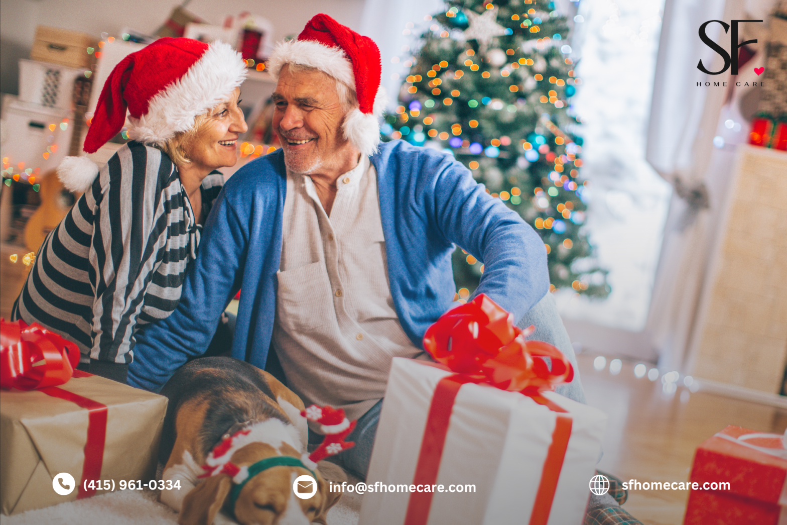 Smiling senior senjoying the holiday season with festive decorations in the background.”