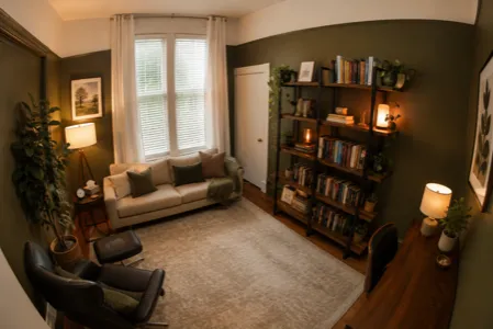 Therapy room at Free Association Clinic, with a sofa by a curtained window and shelves of books